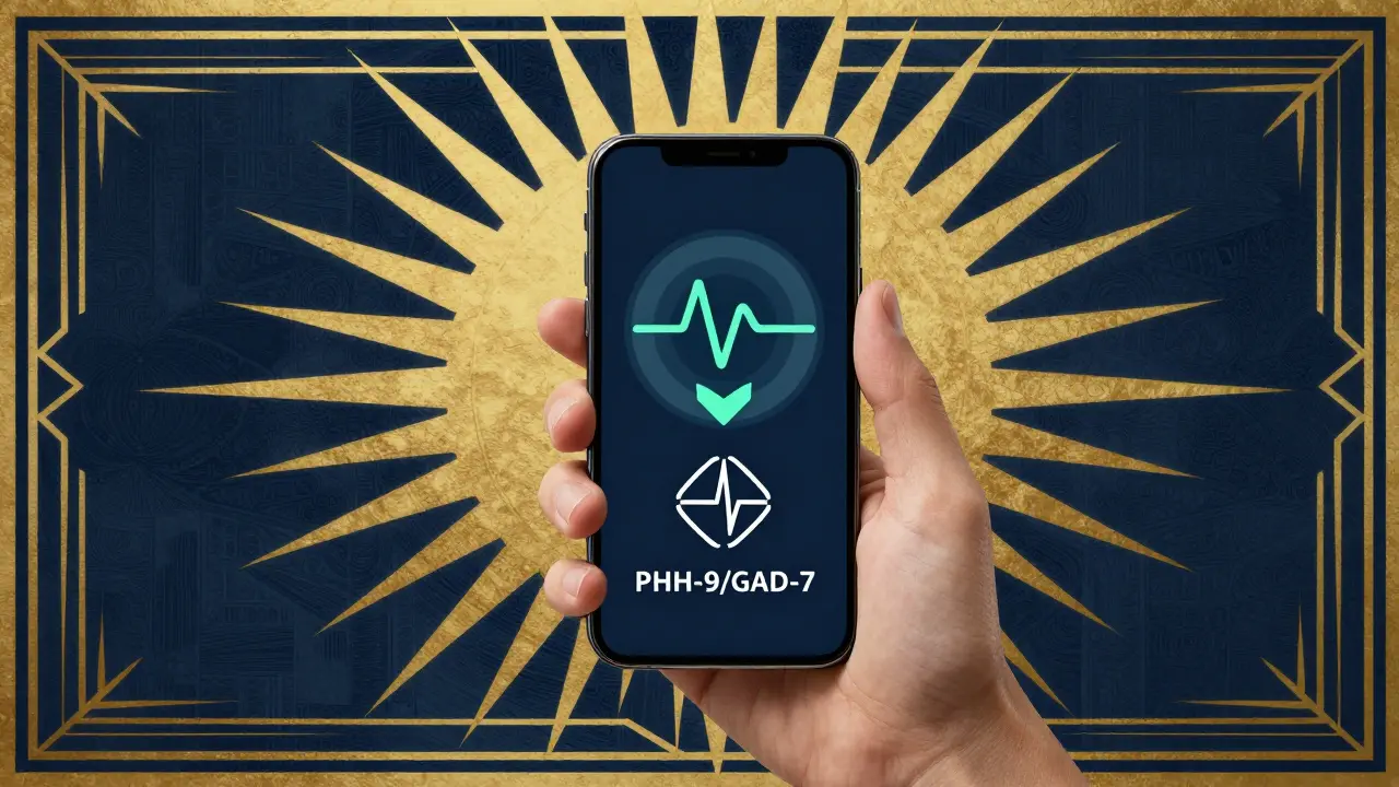 Ruka držící smartphone s biofeedbackem a symboly dotazníků PHQ-9 a GAD-7.