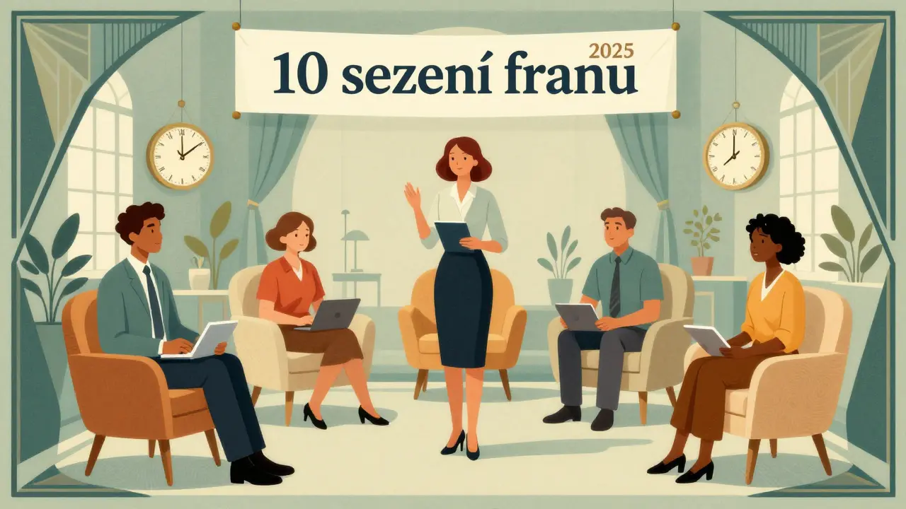 Různí lidé v symetrické terapeutické místnosti s nápisem '10 sezení zdarma', styl Art Deco.