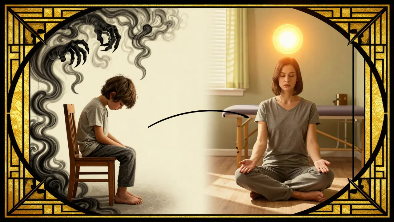 Split image of a child in darkness and adult in light, connected by a curved healing line.