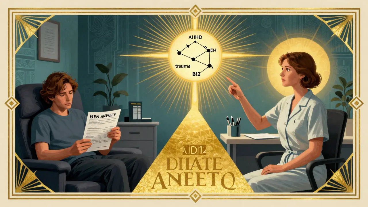 Split-panel Art Deco image contrasting a lonely person with a radiant therapy session, showing symbols of mental health diagnosis and clarity.