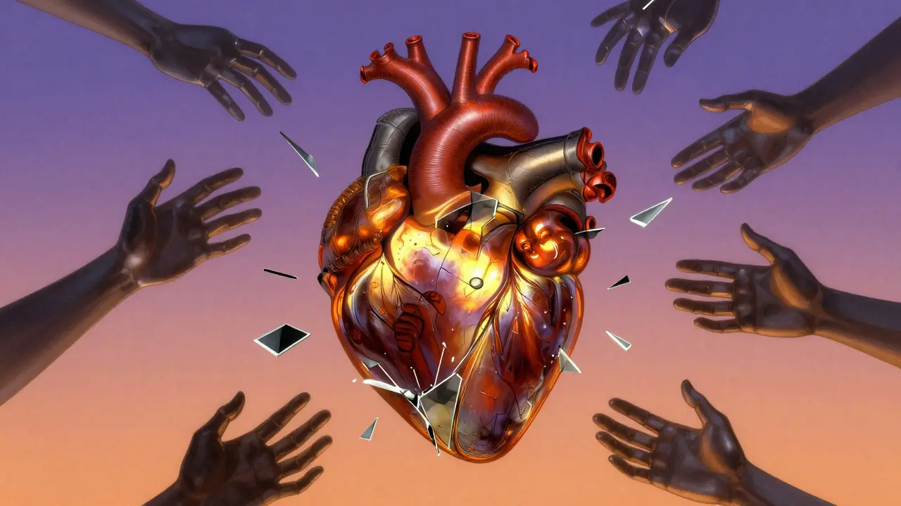 Stylized heart pierced by glass shards, surrounded by reaching hands in Art Deco elegance.