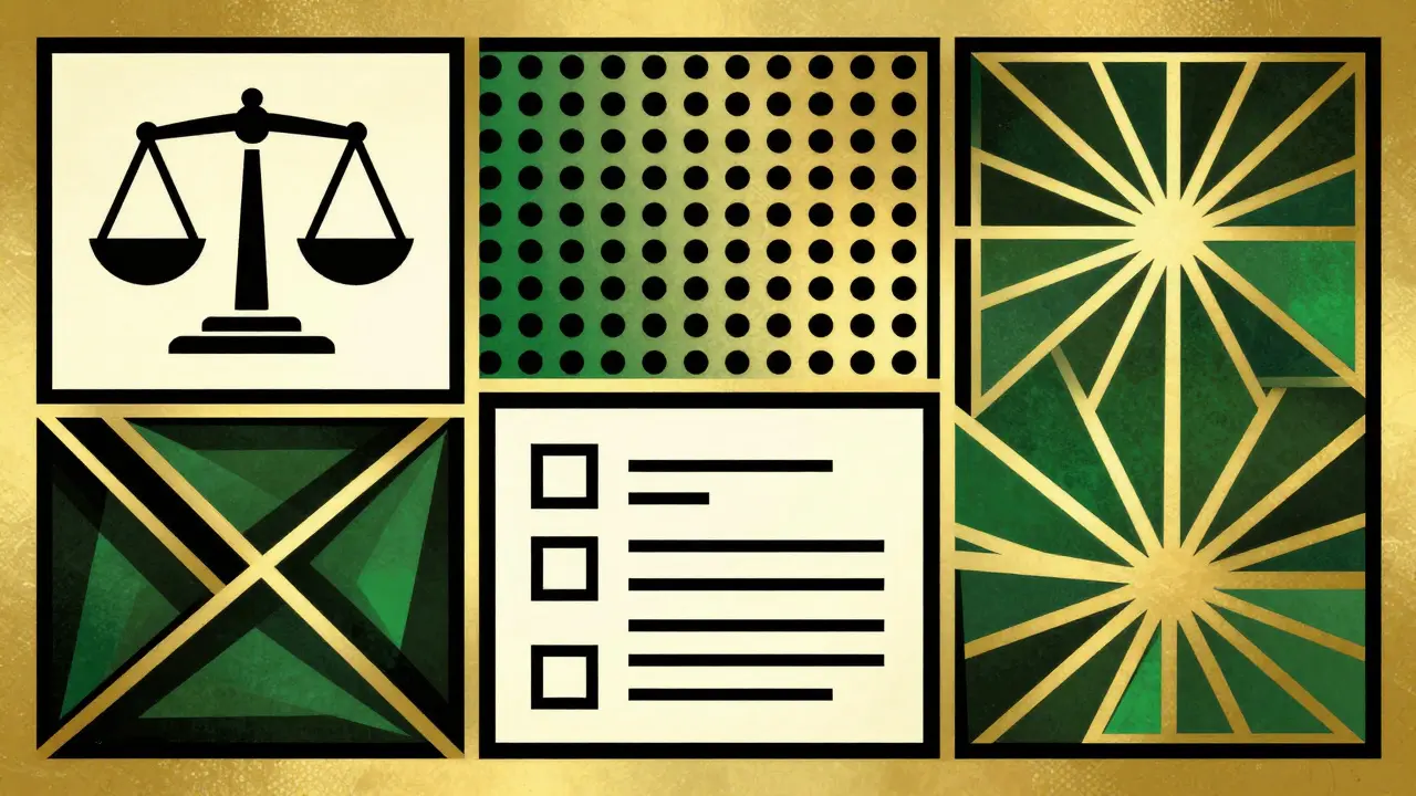 Stylizované ikony klinických nástrojů v geometrickém uspořádání.