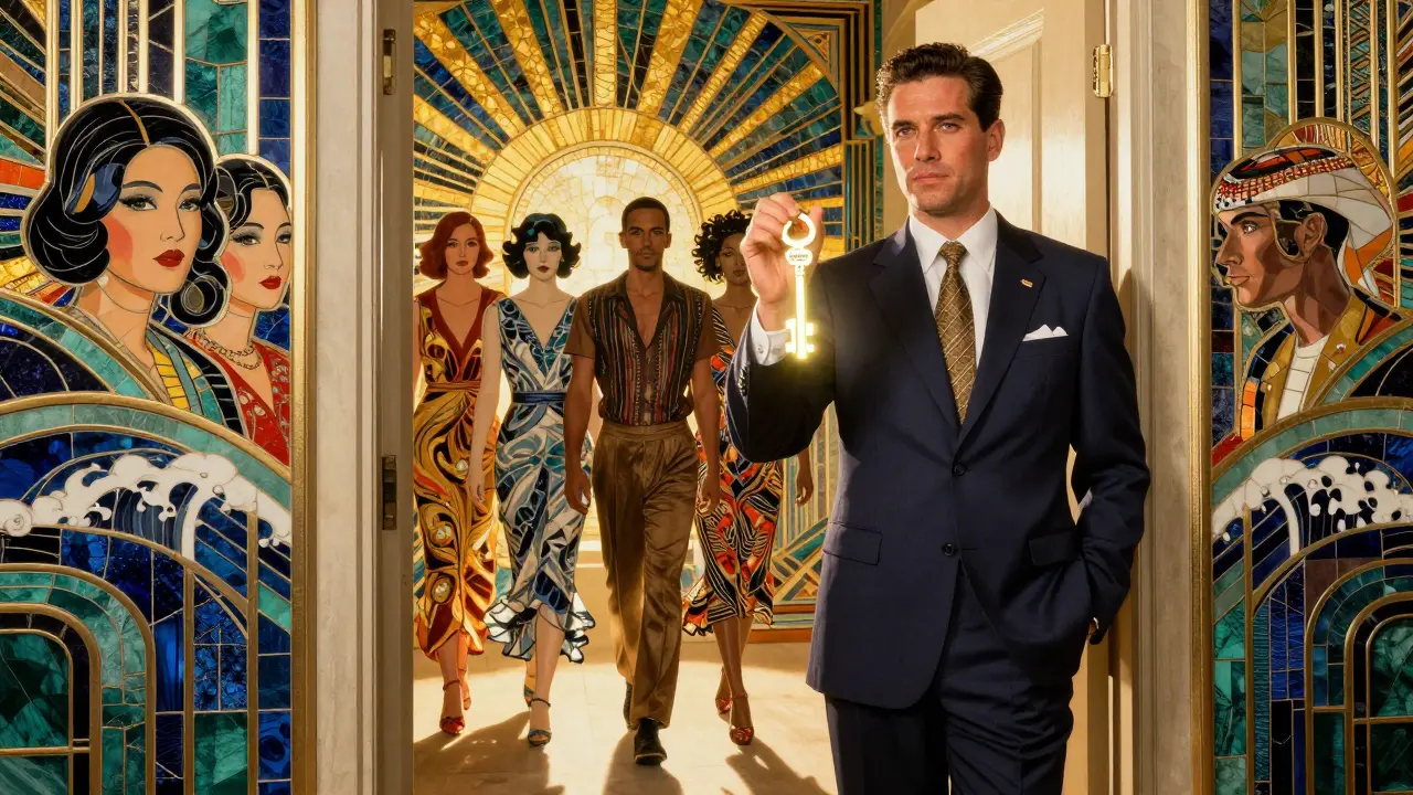 Terapeut drží klíč k kulturně citlivé terapii, zatímco klienti různých původů k němu směřují v stylu Art Deco.