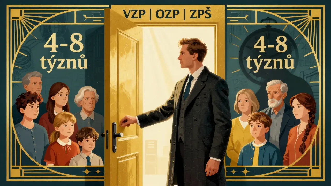 Terapeut otevírá zlaté dveře s názvy pojišťoven, lidé v světle, časový štít za nimi, styl Art Deco.