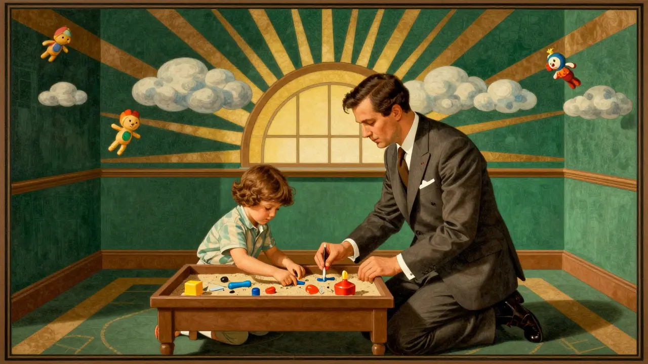 Terapeut s dítětem při hře s pískovým pultem a lékařskými hračkami v stylu Art Deco.