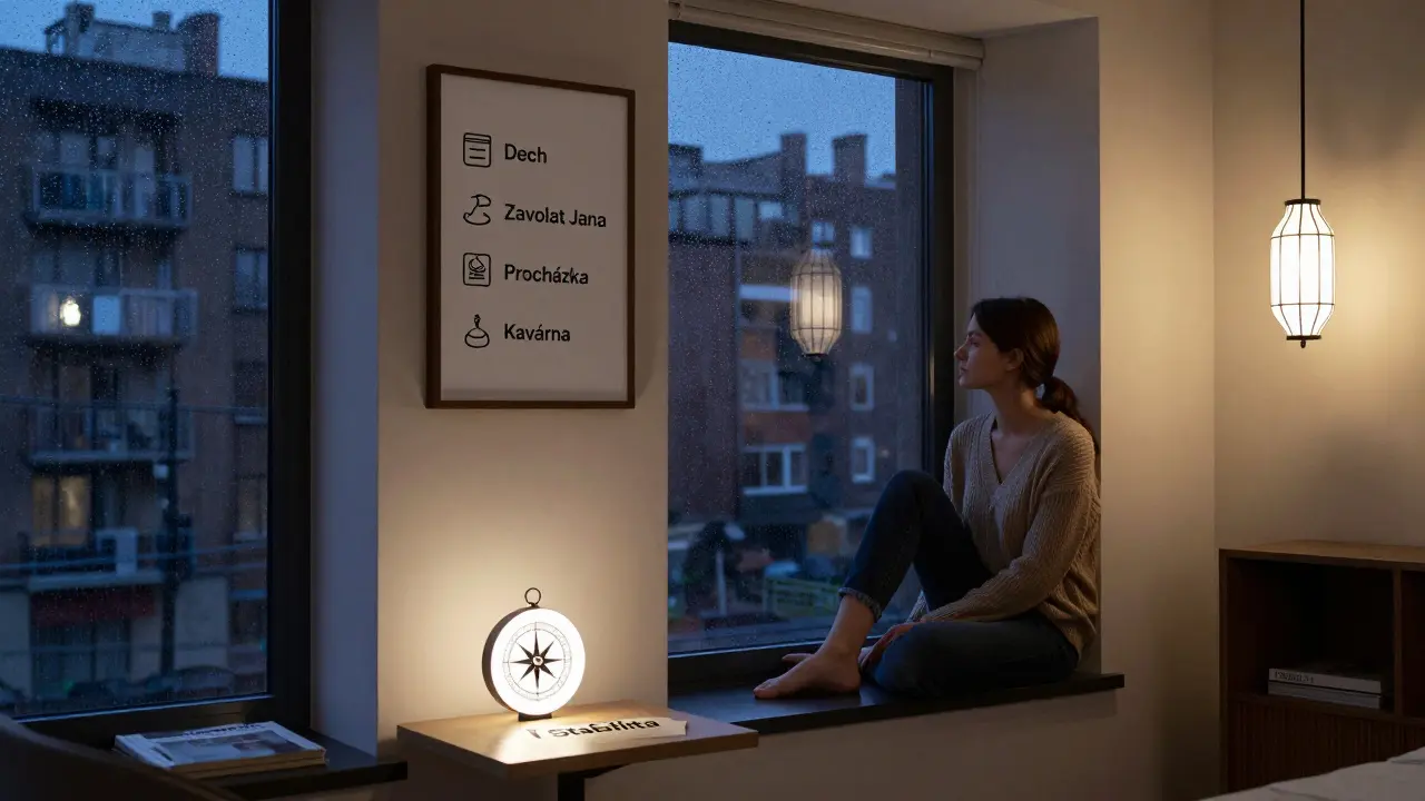 Žena v bytě při dešti dívá na nástěnný plán prevence relapsu, v místnosti je klid a teplo.