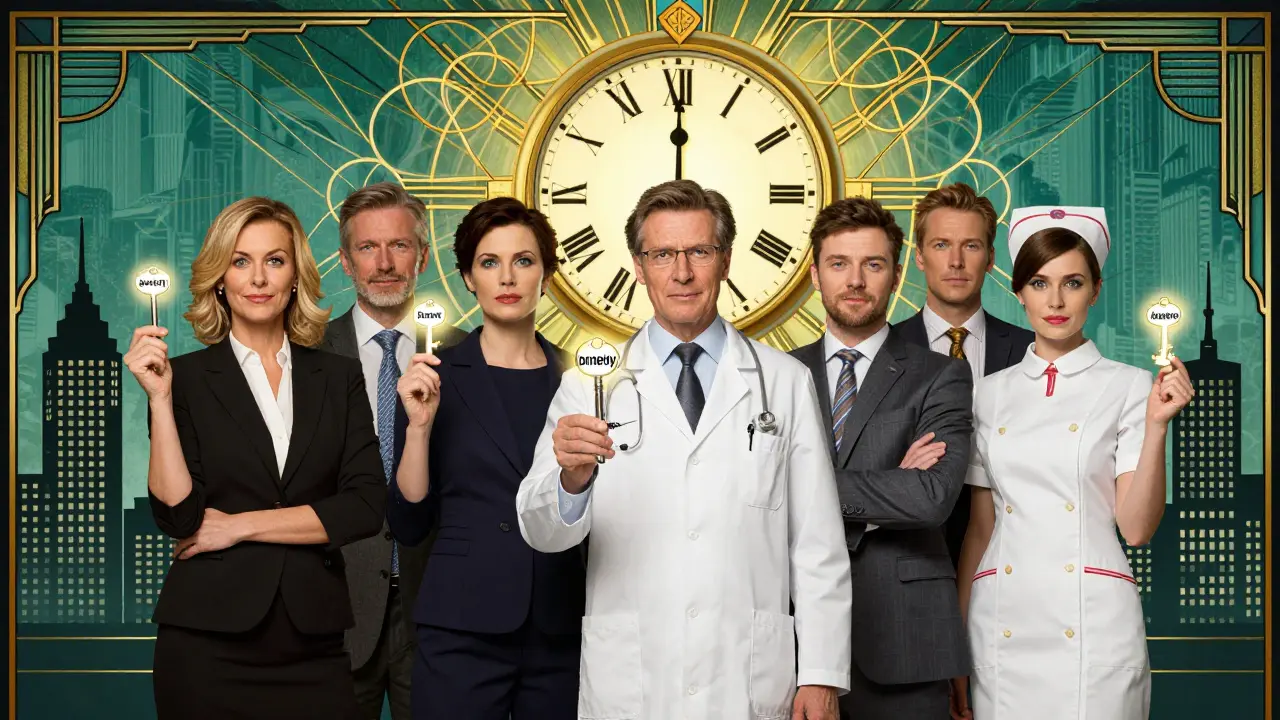 Čeští profesionálové drží klíče od svých emocionálních výzv, za nimi zářivý hodinový symbol.