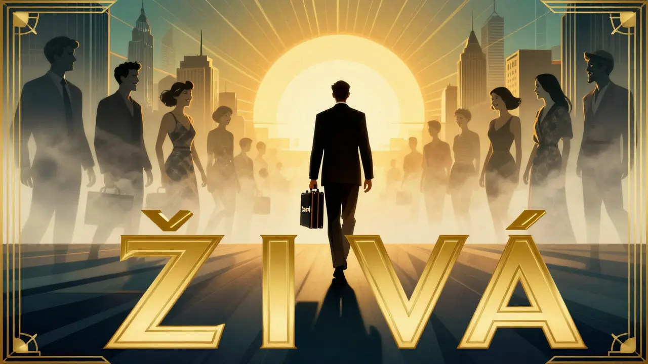 Člověk jde k východu slunce s kufříkem označeným 'Kontrola', stíny za ním se mění v šťastné postavy.