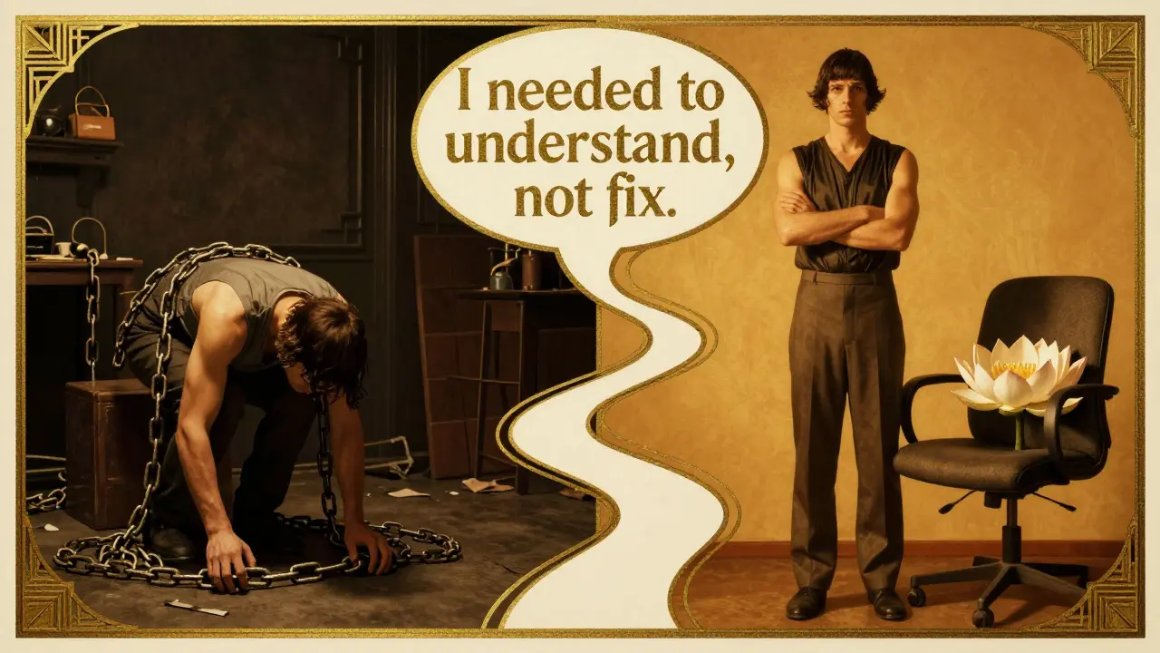 Dvě části scény: temný vnitřní svět vs. osvětlený stav po začátku terapie.