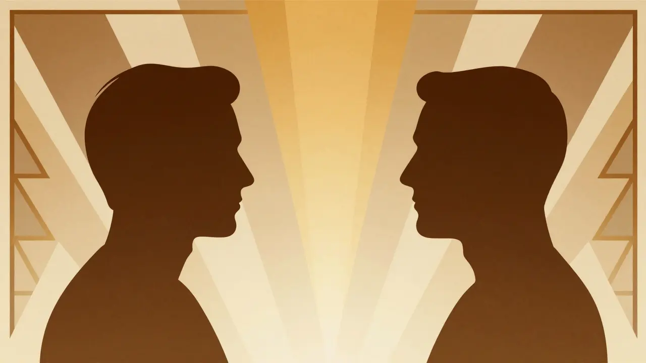 Dvě figury propojené světlem, geometrický ornament art deco.