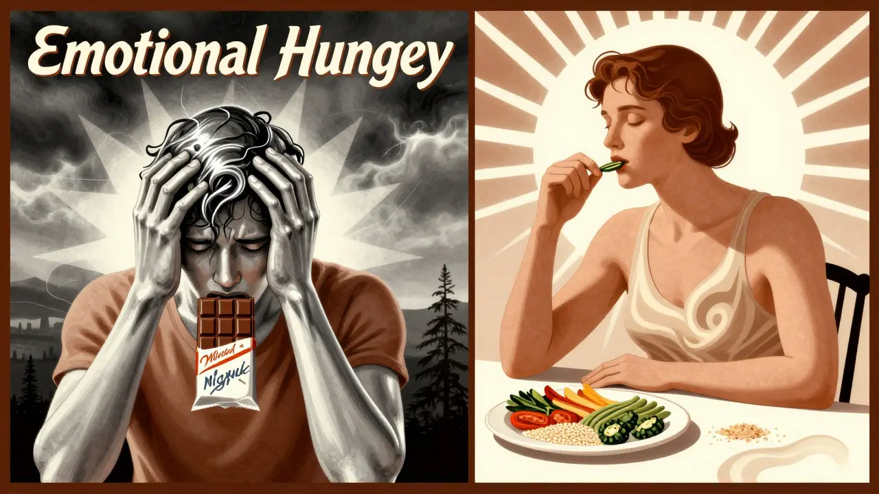 Dvě postavy: jedna jedí čokoládu ve stresu, druhá klidně jí zeleninu při slunci.