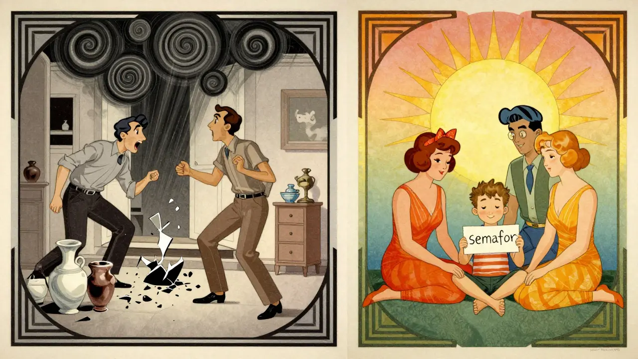 Dvě scény: chaos domova vlevo a klidná rodina vpravo s kartou semaforu, zlaté slunce za nimi.