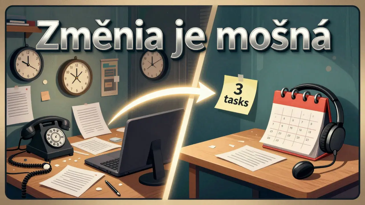 Dvě scény: chaos na levé straně, řád na pravé – cesta přes kognitivní trénink a kompenzační strategie.