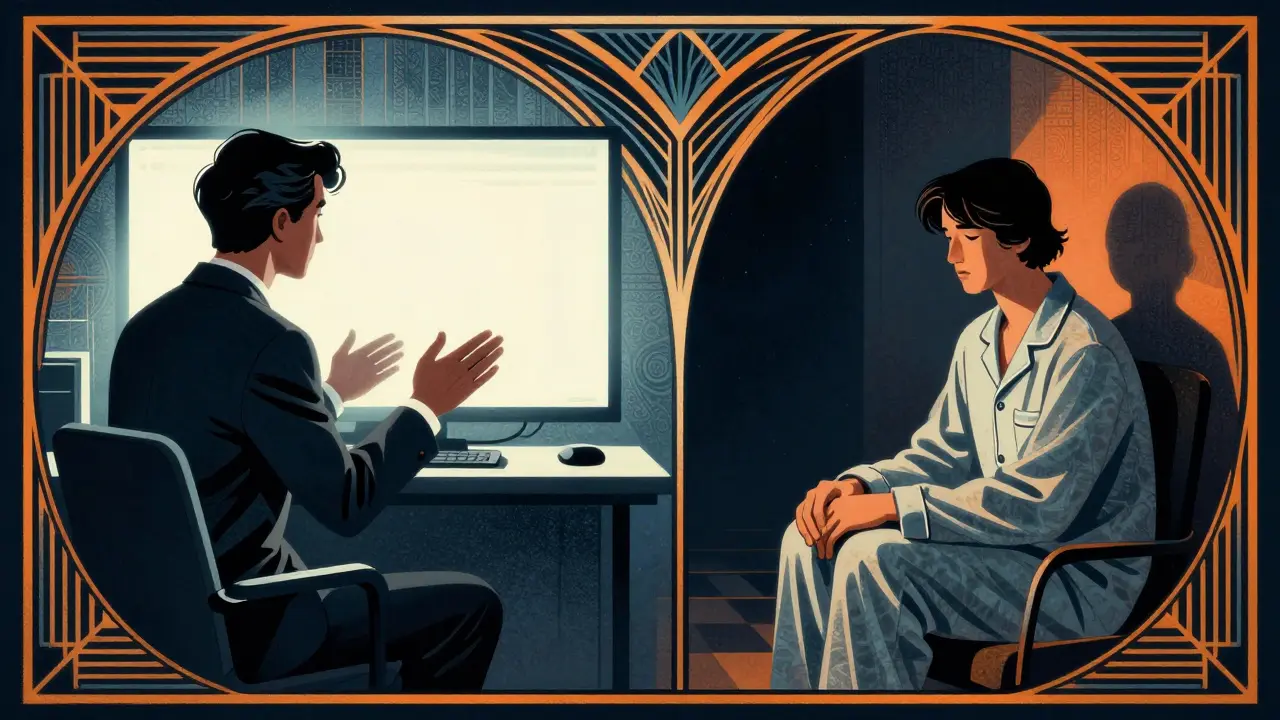 Kontrast mezi terapeutem na obrazovce a klientem v tiché izbě, ztráta neverbální komunikace.