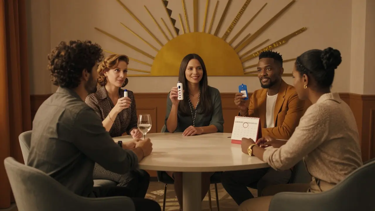 Lidé kolem stolu drží předměty, které reprezentují jejich osobní cíle v léčbě závislosti.