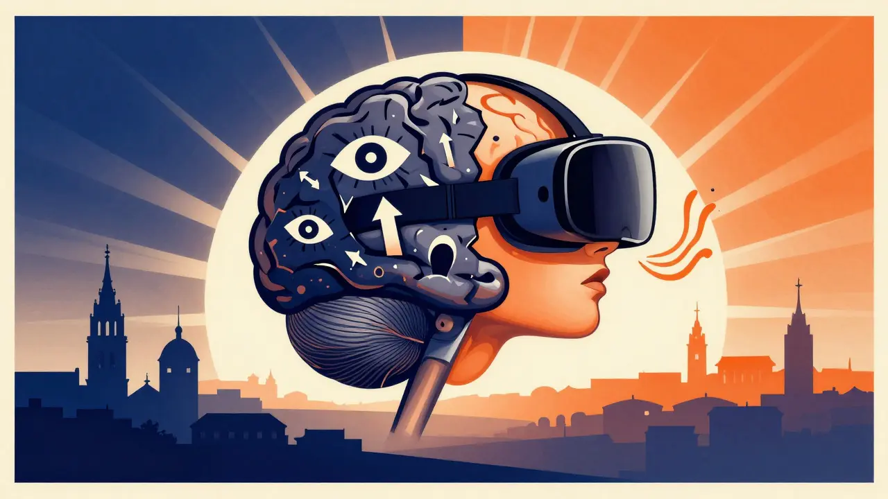 Lidský mozek rozdělený na strach a klid, s virtuální realitou a dechovými technikami.