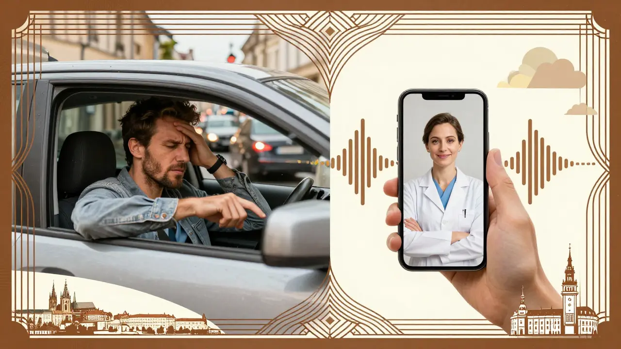 Muž v autě přijímá terapii přes telefon, urbanistický a elegantní styl Art Deco.