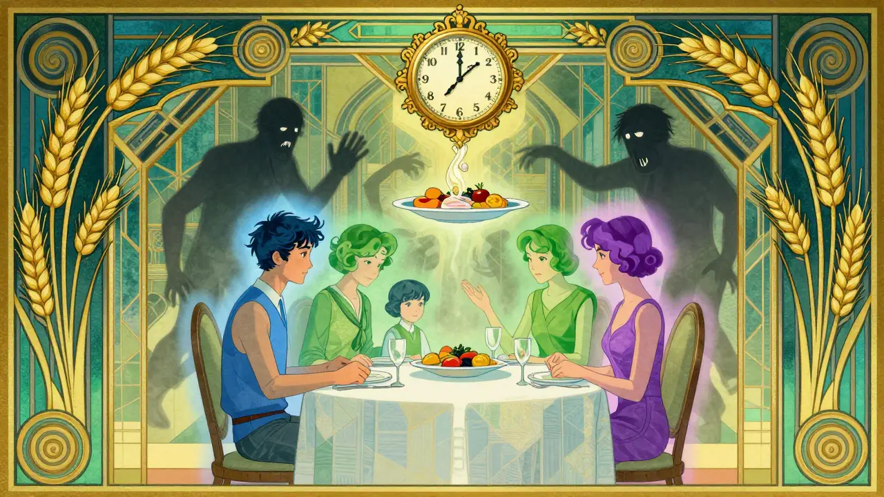 Rodina společně jí a nad nimi symbolická hodina přeměňující čas na jídlo.