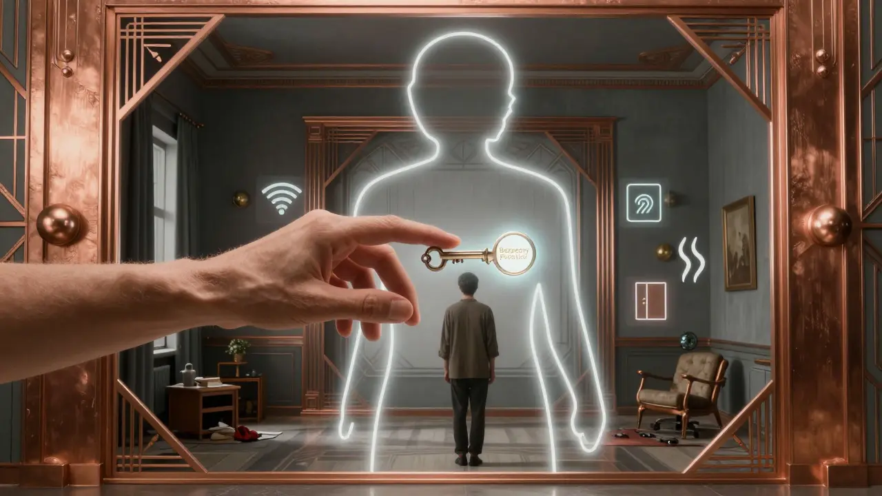 Ruka nabízející klíč k bezpečnému prostoru přes holografický portal v art deco stylu.