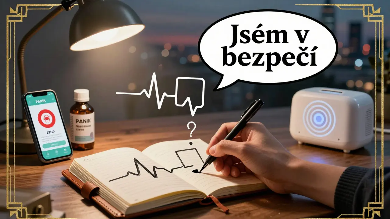 Ruka píše do deníku s nástroji pro stabilizaci: magnézium, aplikace a bílý šum.