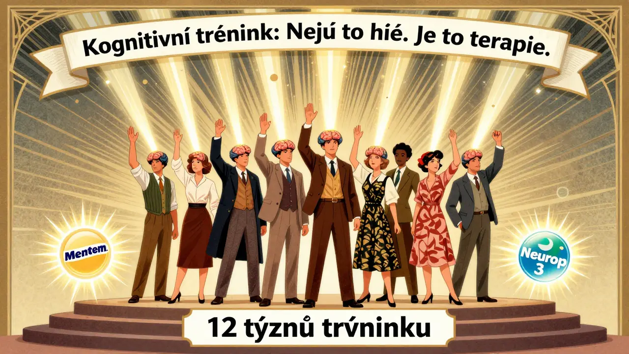 Skupina lidí na schodech slaví 12týdenní trénink, z jejich hlav vyrůstají světelné vaky představující mozkové funkce.