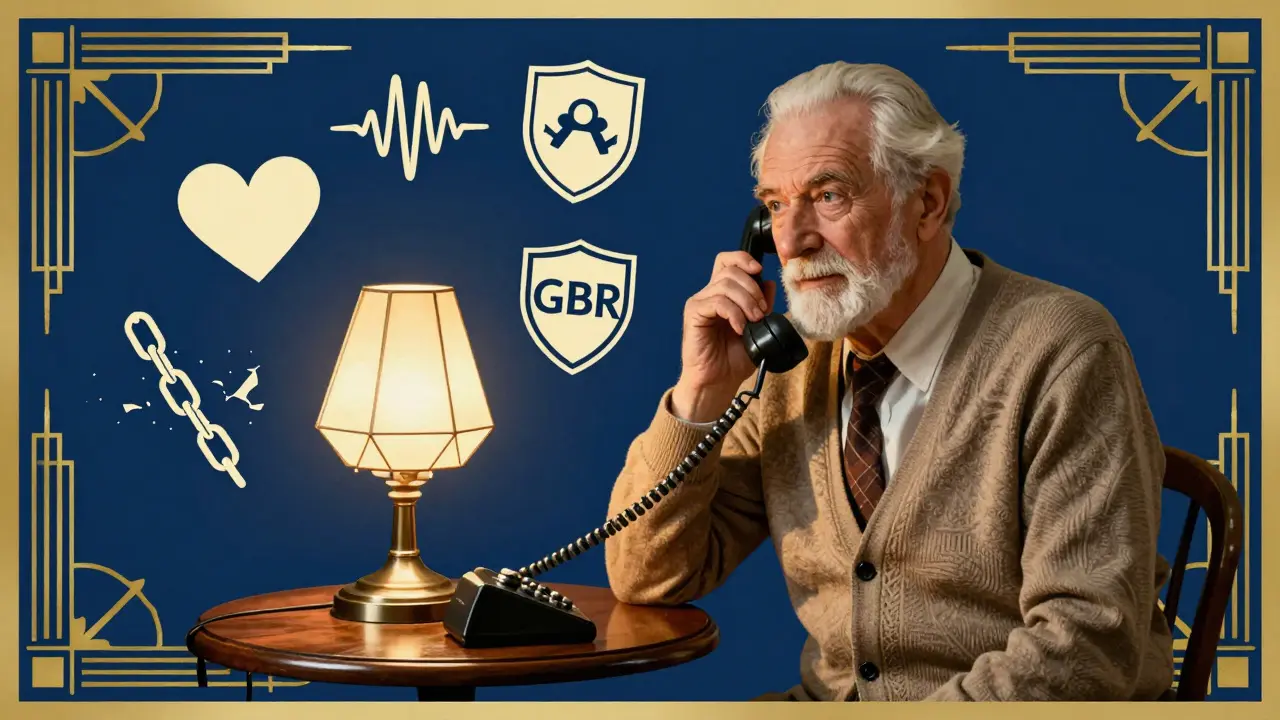 Starší muž hovoří s terapeutem, symboly bezpečnosti a přístupnosti v stylu Art Deco.