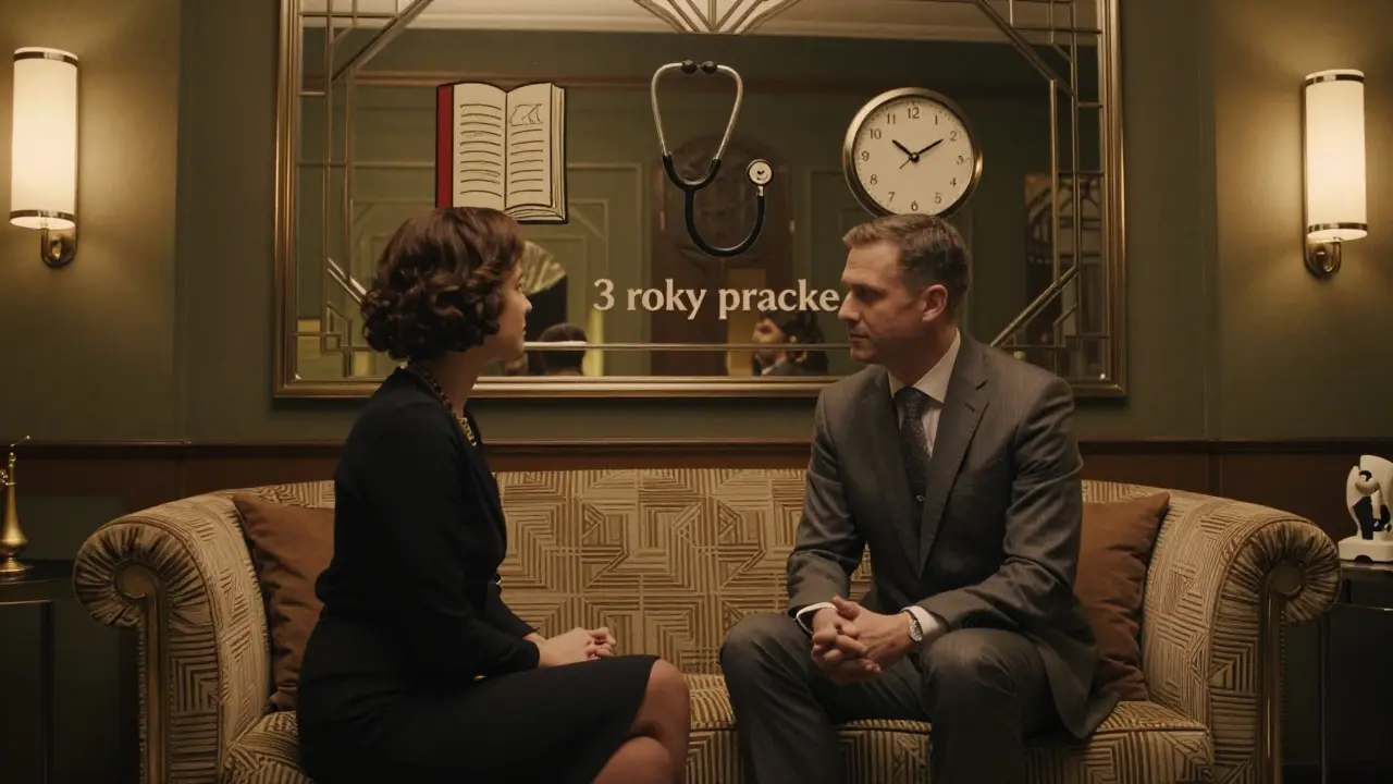 Terapeut poslouchá klienta v elegantské kanceláři s Art Deco prvky a symboly profese.