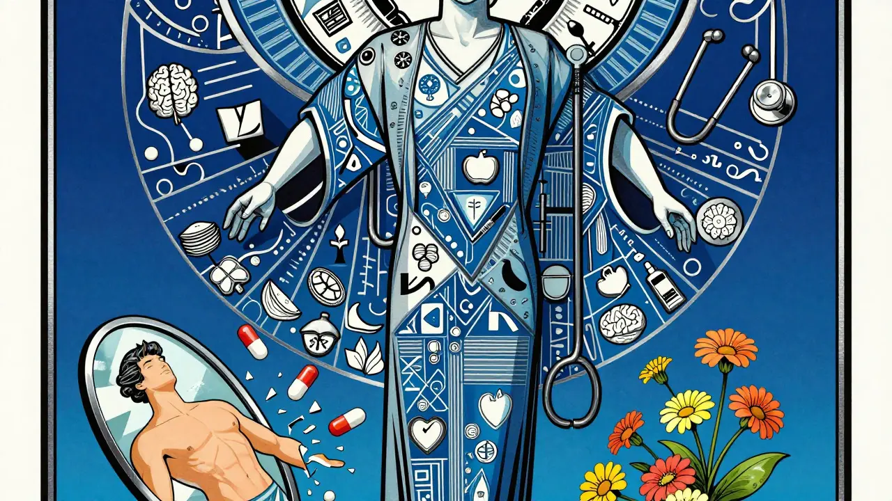 Tři lékaři jako ochránce, kteří obnovují zdravé tělo z rozbitého zrcadla.