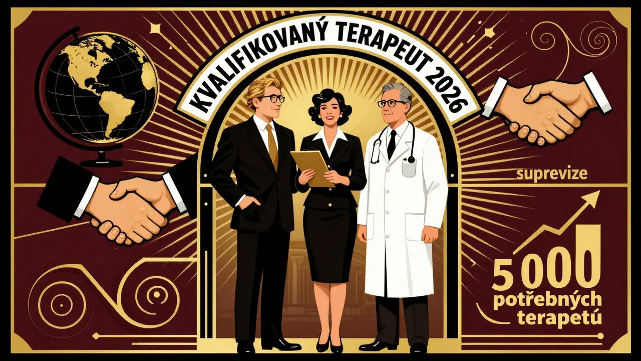 Tři odborníci stojí pod archem 'Kvalifikovaný terapeut 2026' s ikonami vzdělávání a růstu.