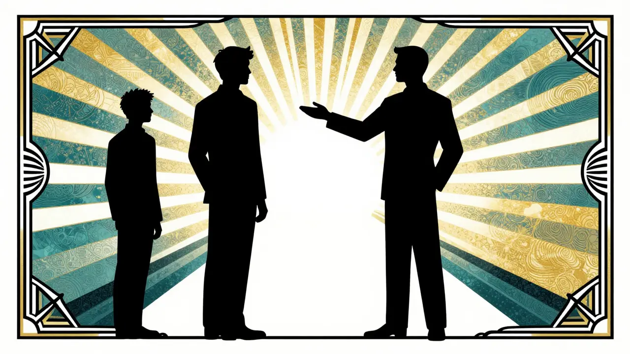 Vedoucí ukazuje cestu pracovníkovi v retro reklamním stylu.