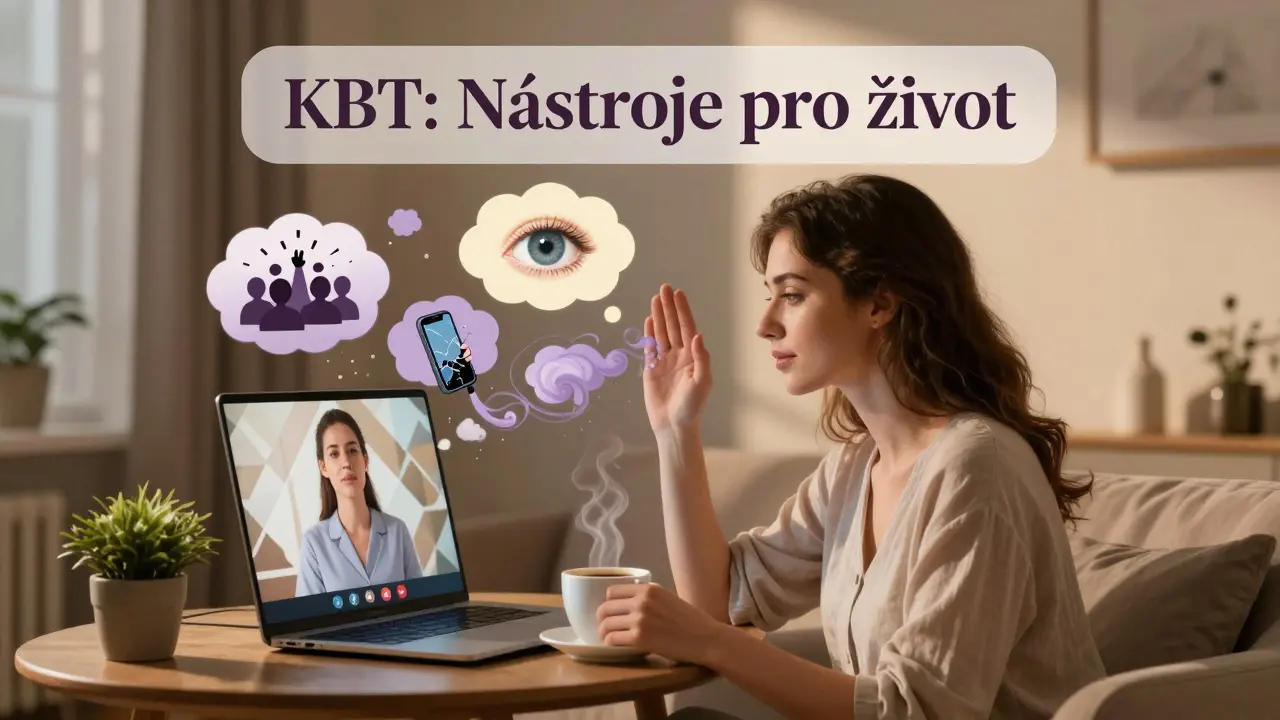 Žena během online terapie, myšlenky se mění z úzkosti v klid.