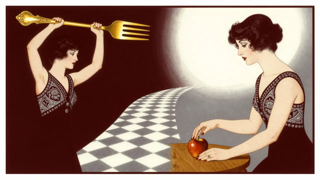 Žena přenáší těžký vidličku do jednoduchého ovoce, cesta od tmy ke světlu.