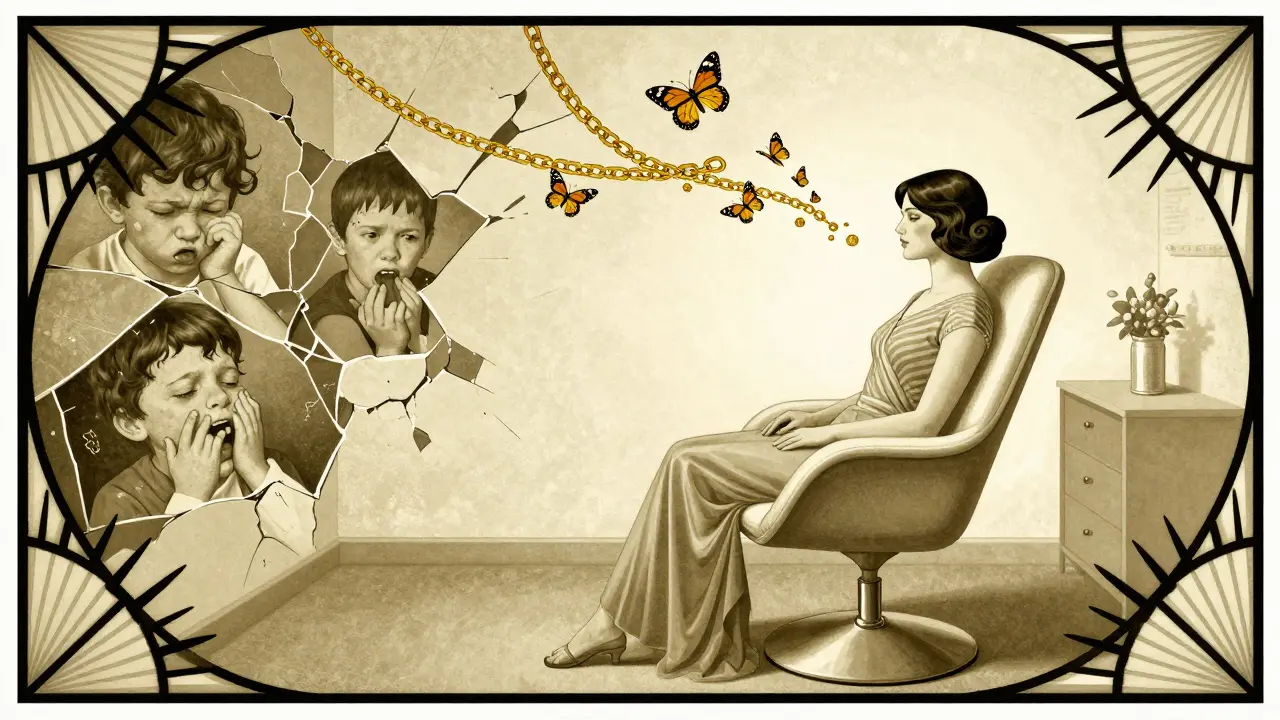 Žena v terapii, zlaté řetězy se mění v motýly, za ní zlomené scény minulosti.