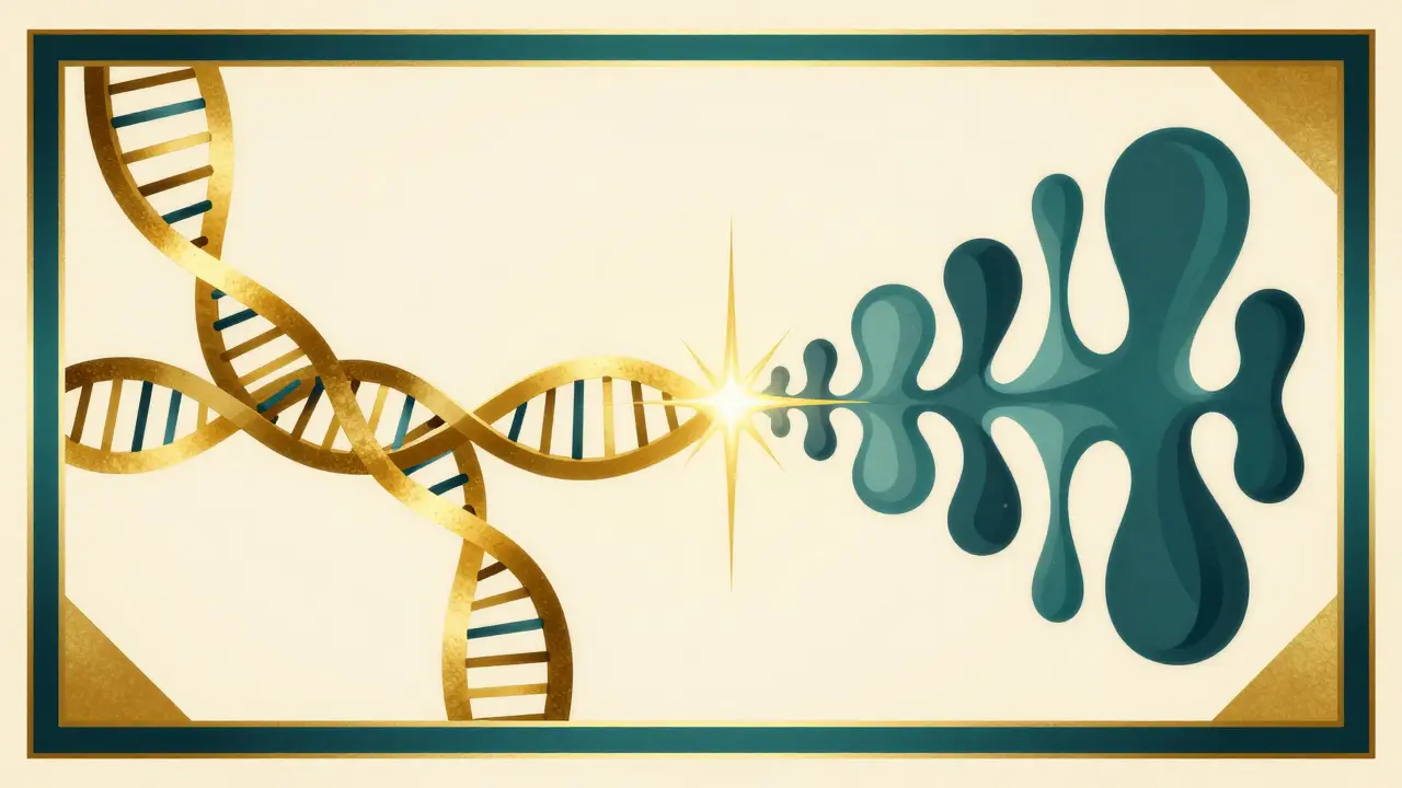 Abstraktní znázornění interakce DNA a vlivů prostředí v art deco stylu.