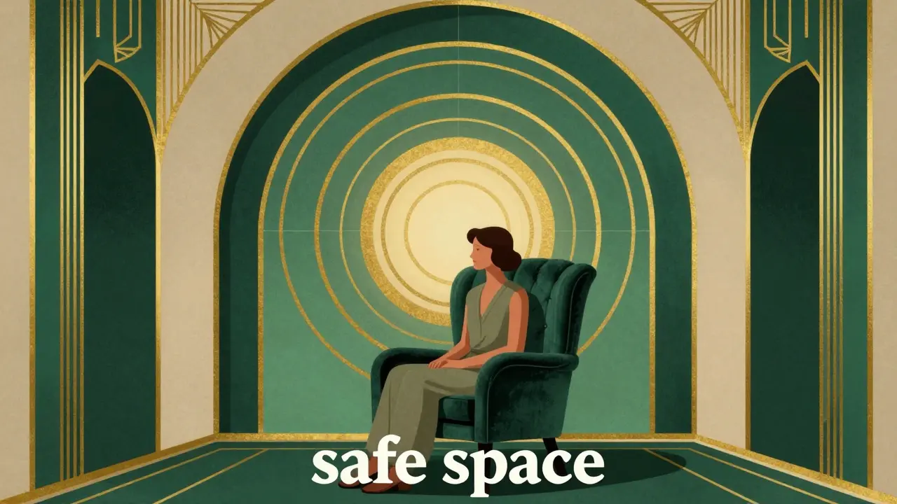 Člověk v pohodlném křesle obklopen zlatými kruhy symbolizujícími bezpečí a empatii.