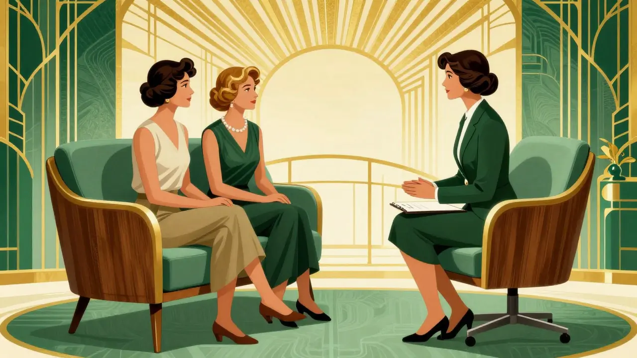 Couple and therapist in a stylized Art Deco office.