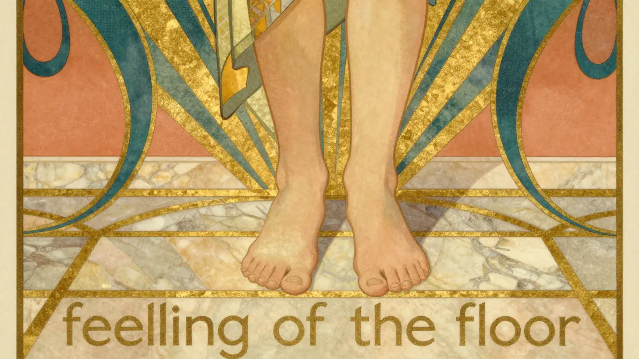 Detail nohou pevně stojících na mramorové podlaze, znázornující techniku uzemnění v stylu Art Deco.