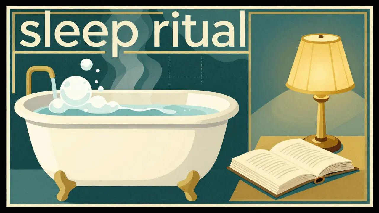 Elegantní znázornění rituálů před spaním, jako je koupel a čtení knihy, v reklamním stylu Art Deco.
