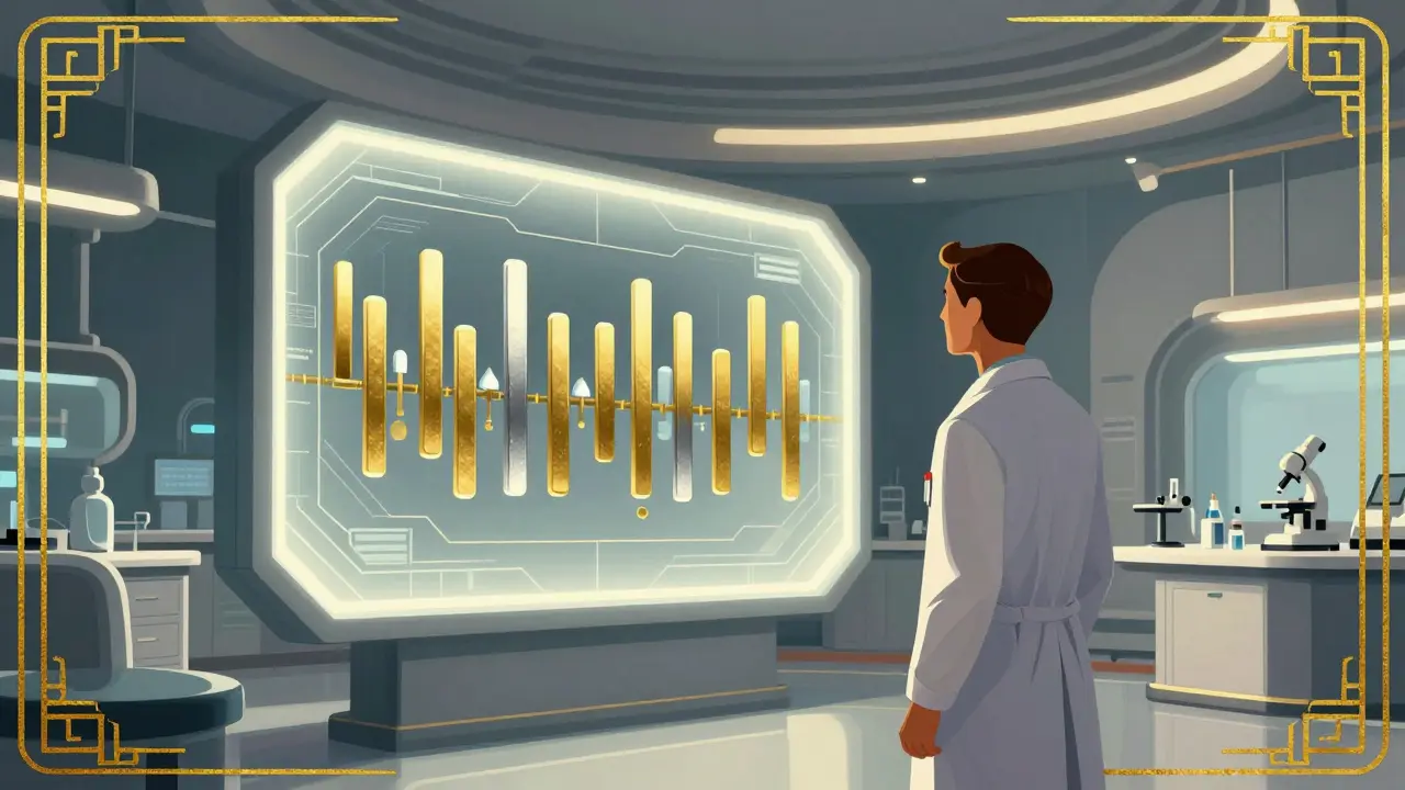 Futuristická laboratoř s genomovým sekvenováním v elegantním art deco stylu.