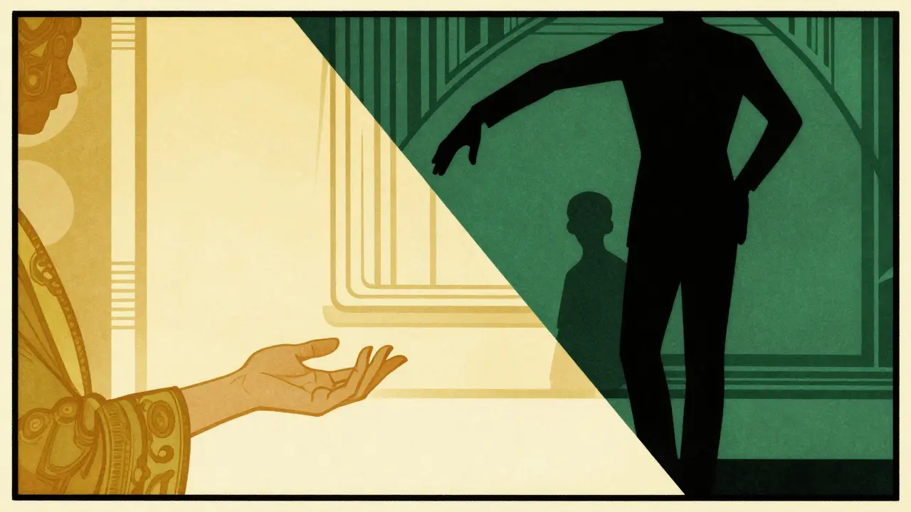 Kontrast mezi etickou a neetickou terapií vyřešený v grafickém stylu art deco s výraznými stíny.