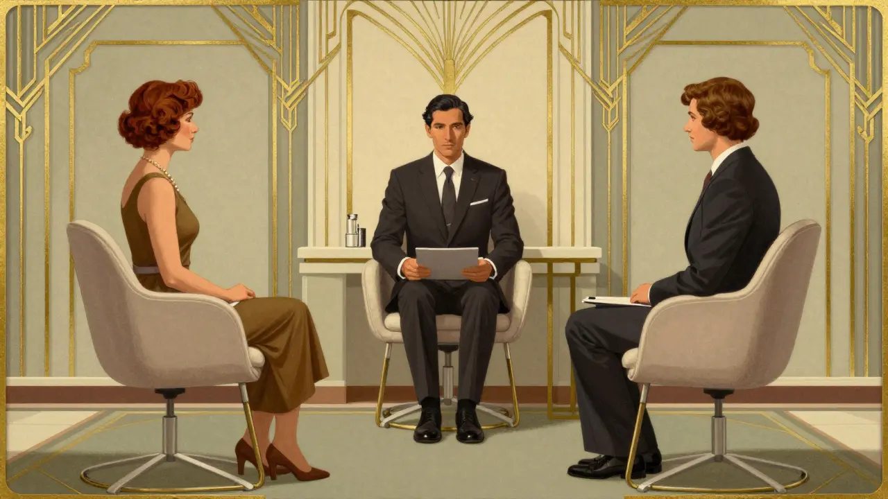 Koterapie páru s dvěma terapeuty v elegantním art deco prostředí.