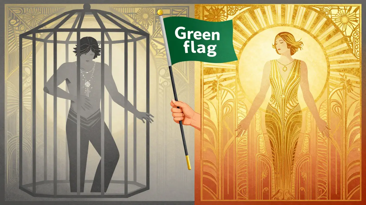 Kresba znázornující přechod z šedé úzkosti do zlatého rozkvětu osobnosti.