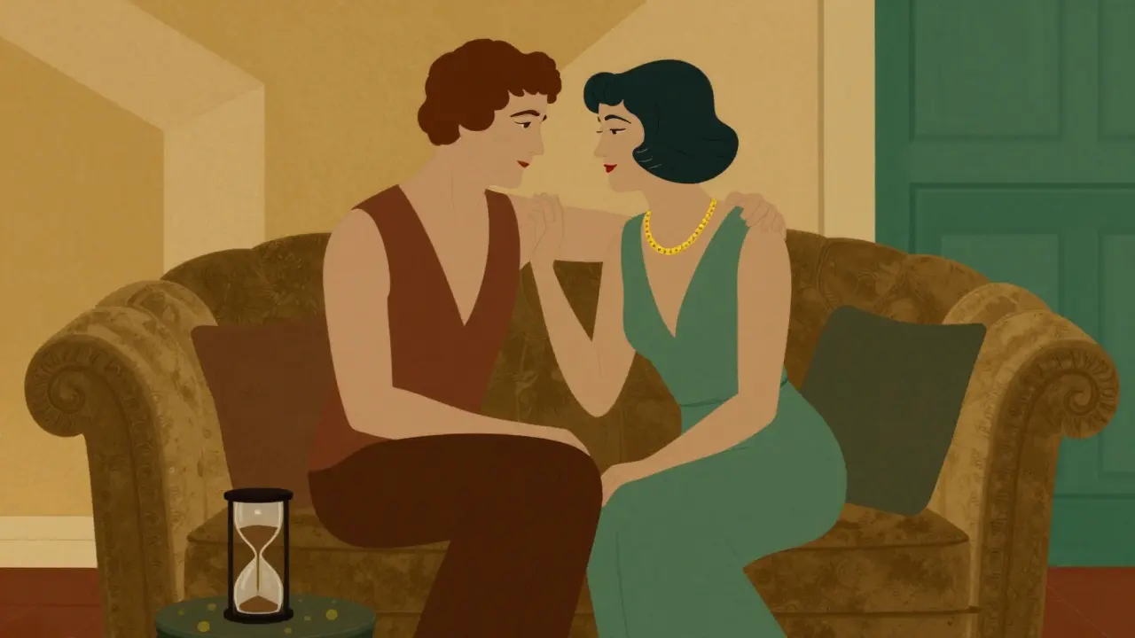 Manželský pár v blízkosti u sebe s písečným časovačem v art deco stylu.