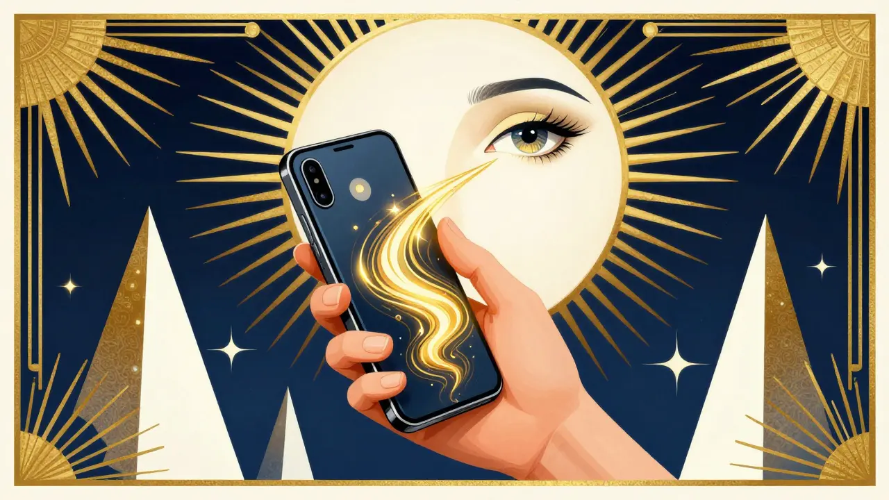 Moderní smartphone v Art Deco stylu vysílající zlatou cestu k soustředění.