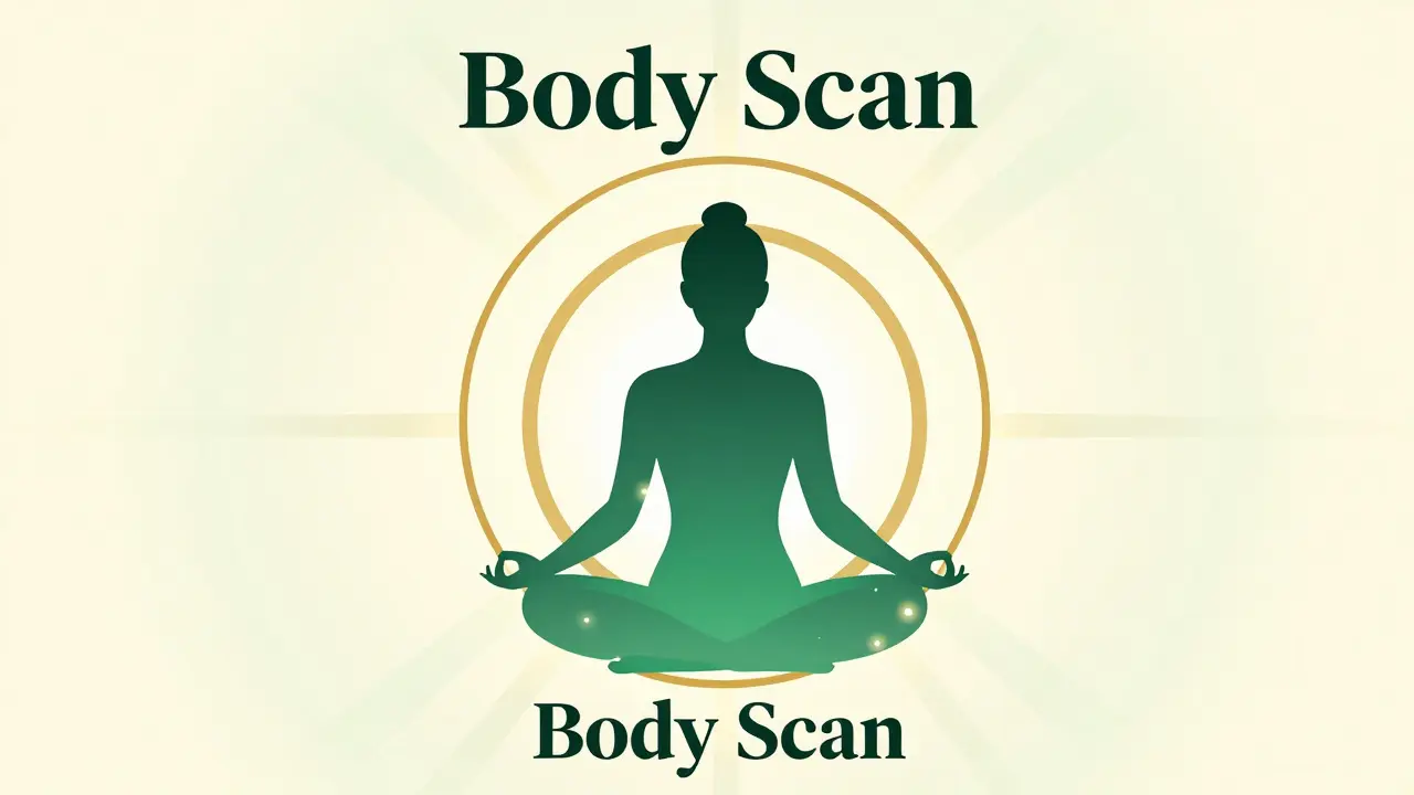 Postava v meditaci s geometrickými zlatými kruhy symbolizující všímavost.