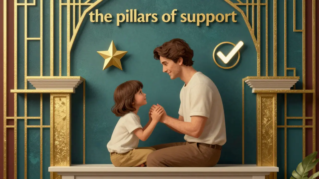 Rodič a dítě v harmonickém domácím prostředí s geometrickými symboly podpory a hranic.