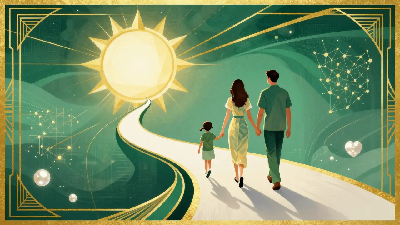 Rodina společně kráčející po cestě k lepší budoucnosti v elegantním art deco stylu.