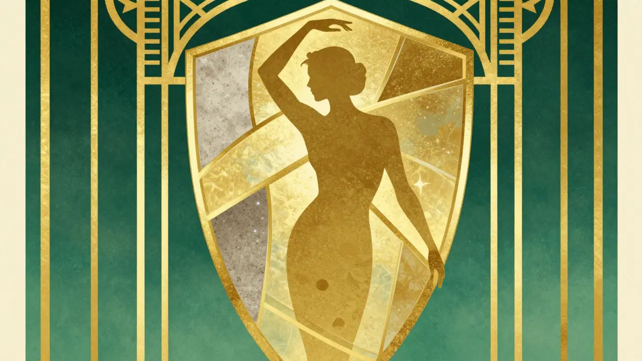 Silueta člověka obklopena zlatým geometrickým štítem symbolizujícím emoční hranice v stylu Art Deco.