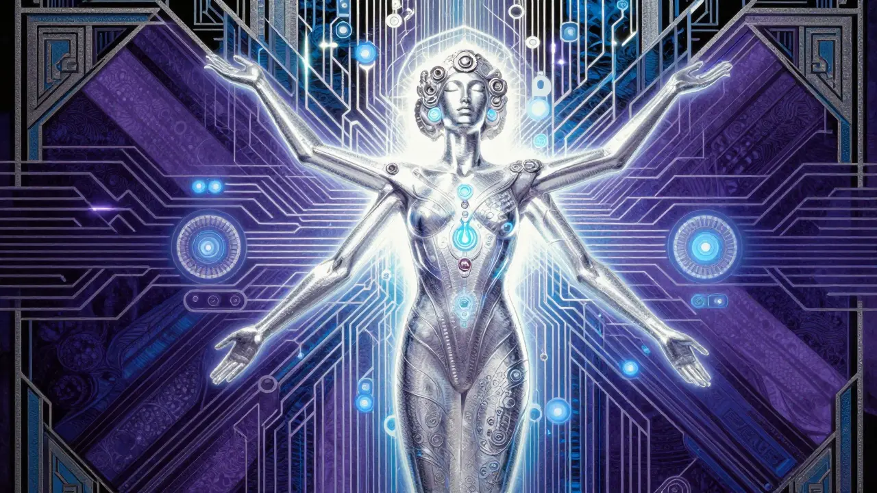 Silueta člověka s geometrickými senzory biofeedbacku symbolizující uzdravení.