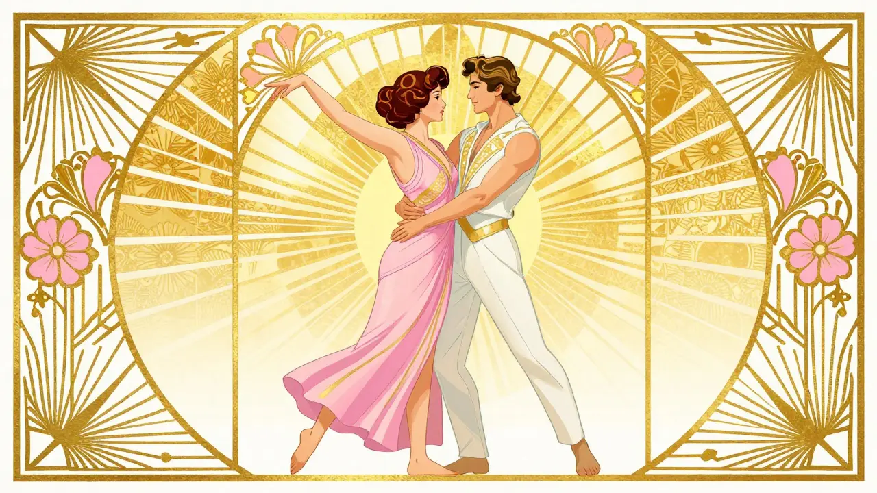 Šťastný pár v Art Deco stylu, symbolizující obnovu důvěry a harmonie ve vztahu.